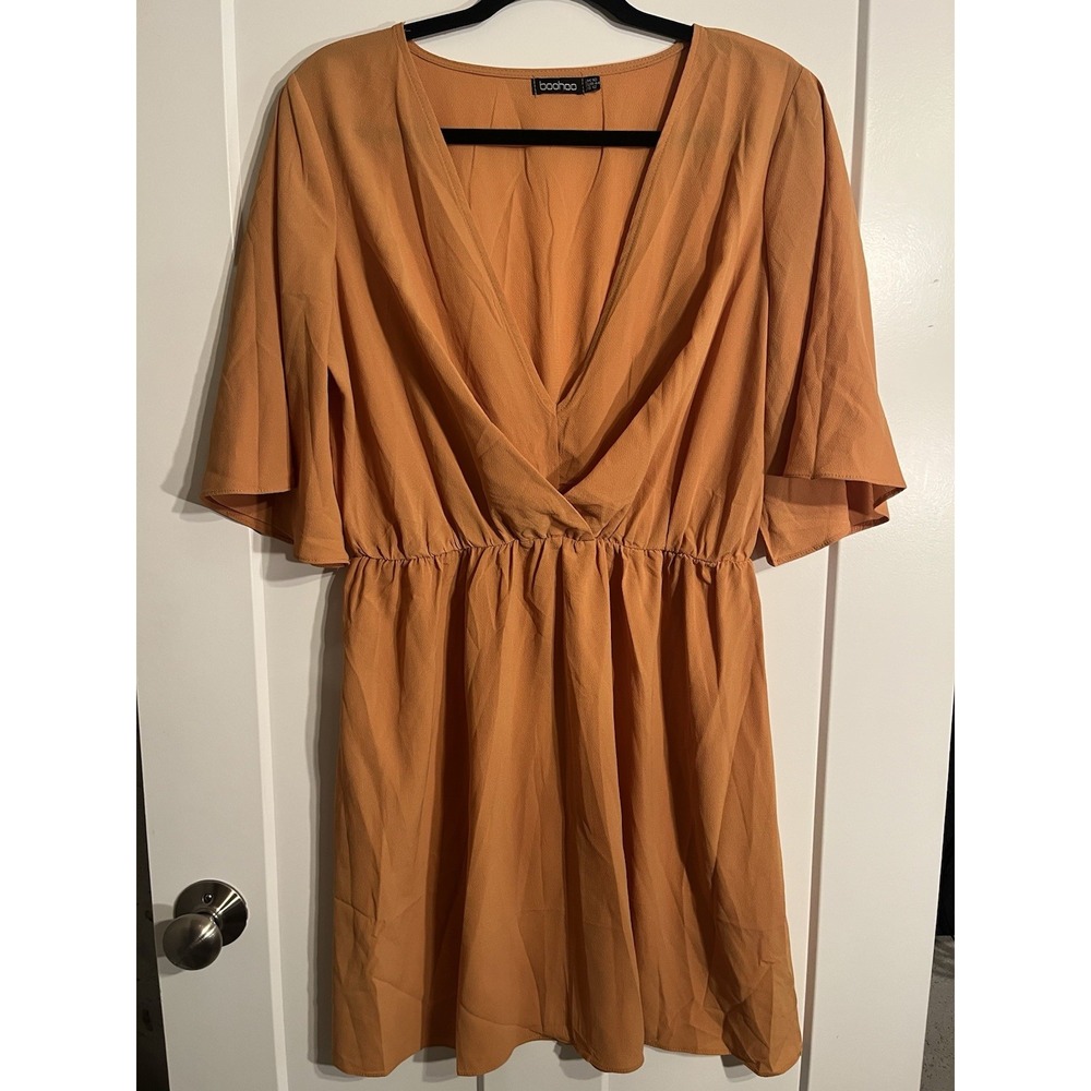 Boohoo Womens US 12 Rust Orange Wrap Front Skater Dress Flutter Sleeve V Neck